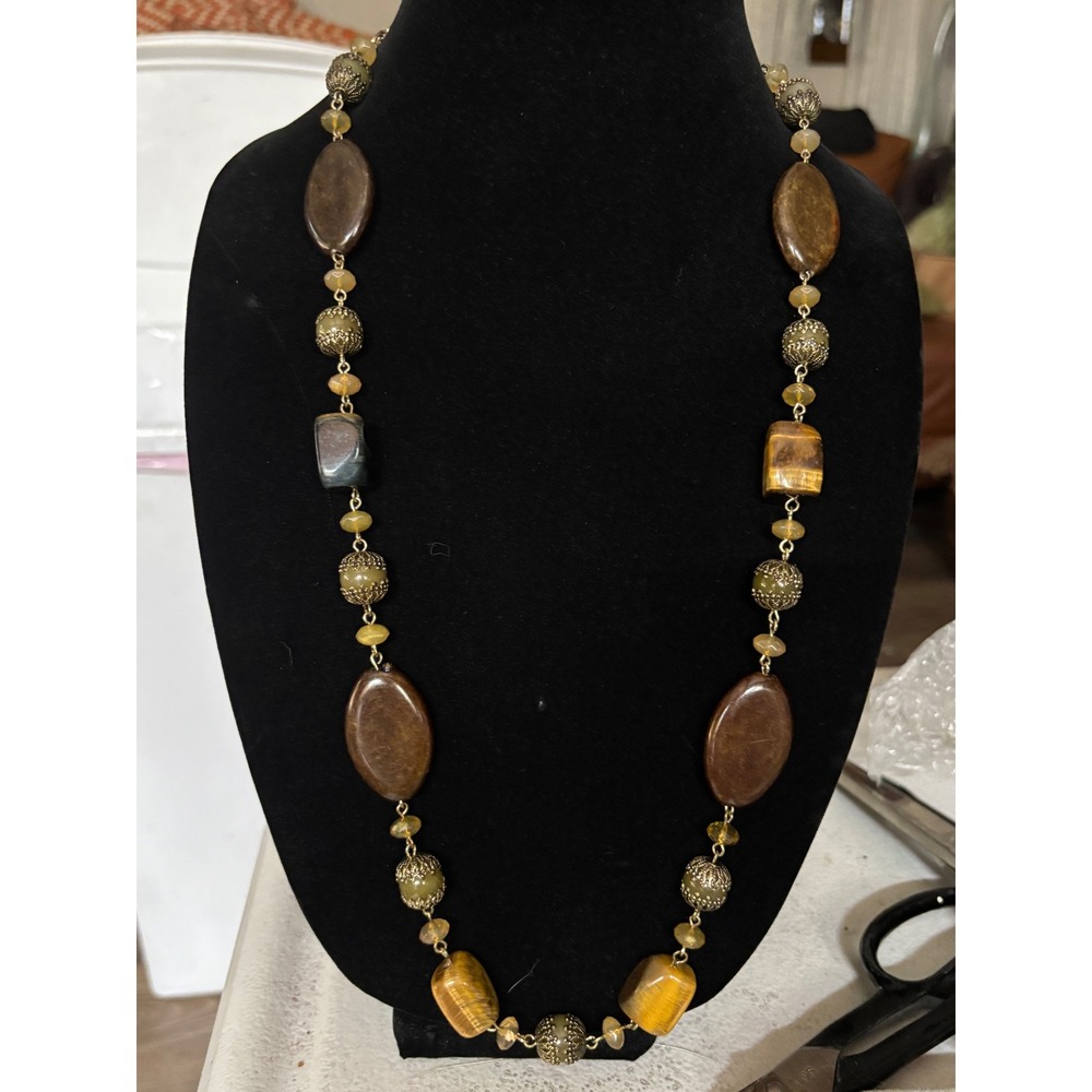 Vintage Brown Tiger Eye Beaded Filigree Accent Long Strand Necklace